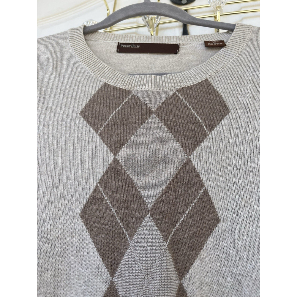 Perry Ellis Men’s Argyle Sweater Gray Brown Cotton Blend Size XL - Picture 3 of 12